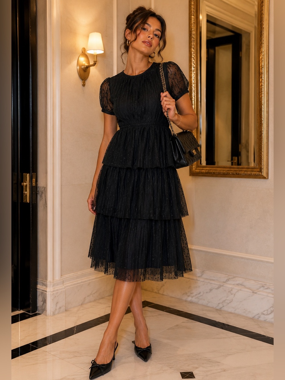J.Crew Black Tiered Swiss Dot Tulle Midi Dress Size 6 Puff Sleeve